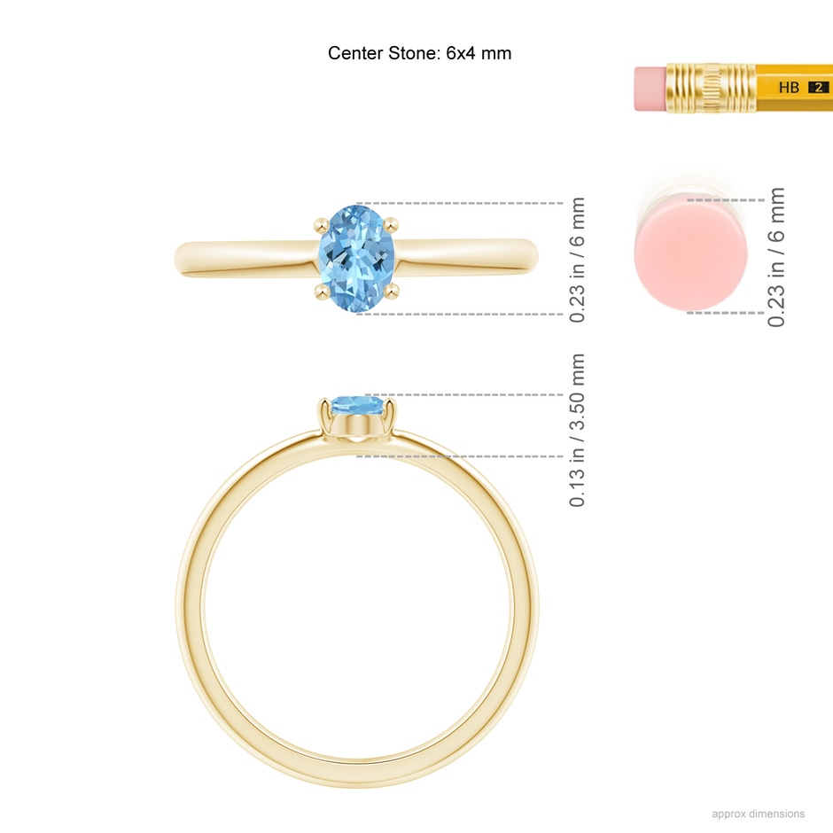 6x4mm AAAA Classic Solitaire Oval Aquamarine Promise Ring in Yellow Gold ruler