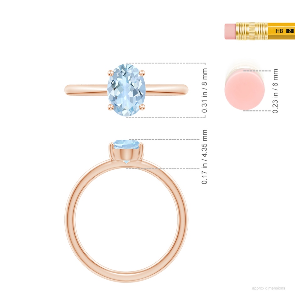8x6mm AA Classic Solitaire Oval Aquamarine Promise Ring in Rose Gold ruler