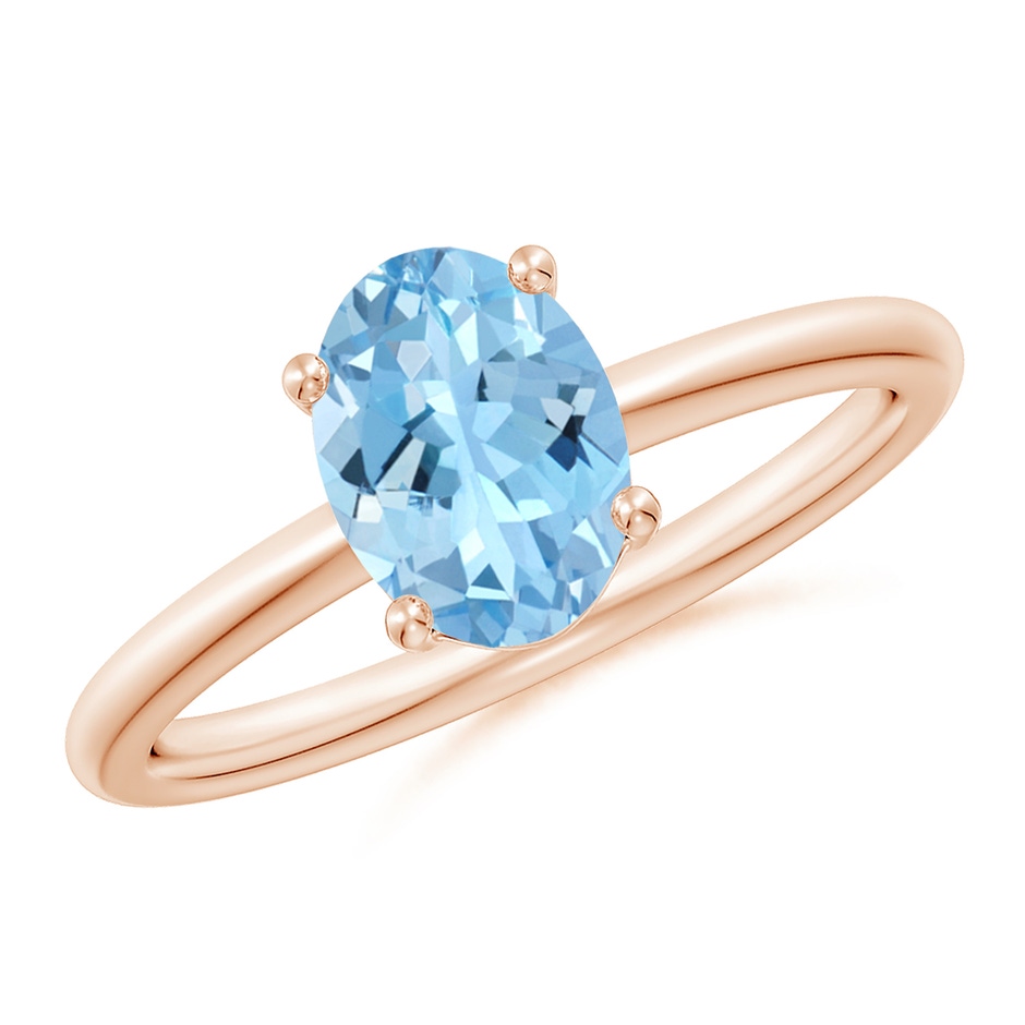 8x6mm AAAA Classic Solitaire Oval Aquamarine Promise Ring in 18K Rose Gold 