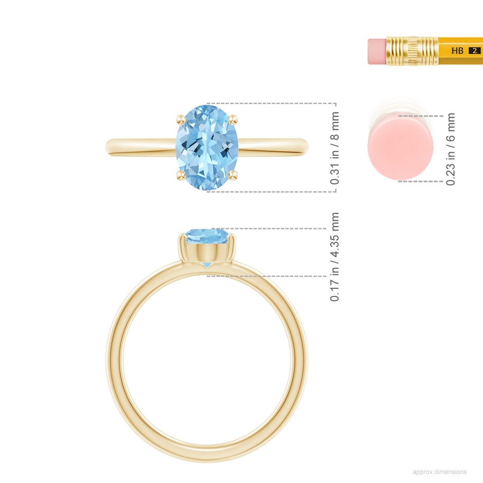 8x6mm AAAA Classic Solitaire Oval Aquamarine Promise Ring in 18K Yellow Gold ruler
