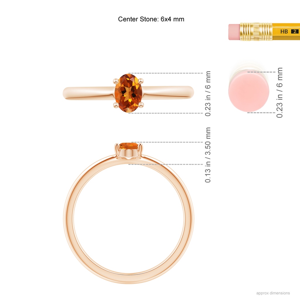 6x4mm AAAA Classic Solitaire Oval Citrine Promise Ring in Rose Gold Ruler