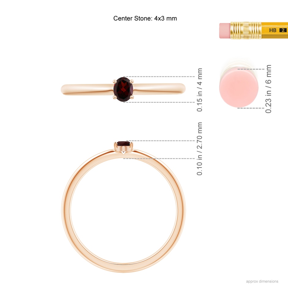 4x3mm A Classic Solitaire Oval Garnet Promise Ring in Rose Gold ruler