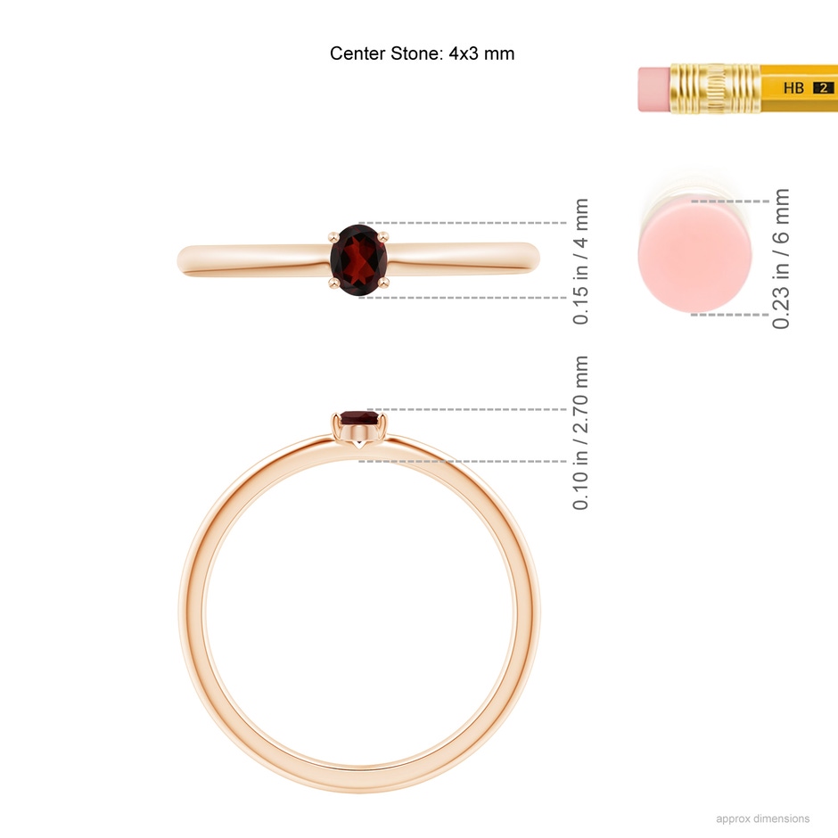 4x3mm AA Classic Solitaire Oval Garnet Promise Ring in Rose Gold ruler