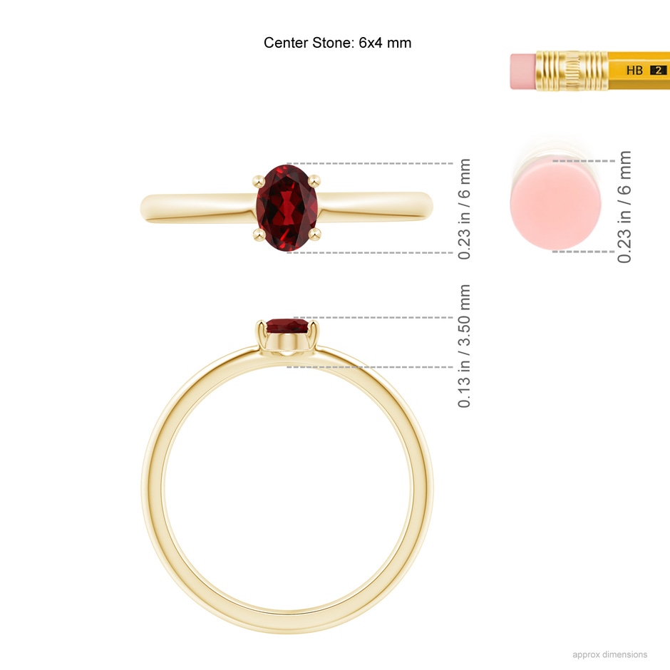 6x4mm AAAA Classic Solitaire Oval Garnet Promise Ring in Yellow Gold ruler