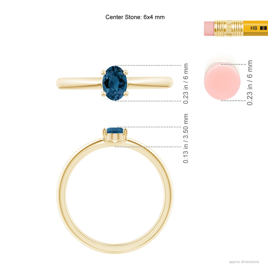 6x4mm AAA Classic Solitaire Oval London Blue Topaz Promise Ring in Yellow Gold ruler