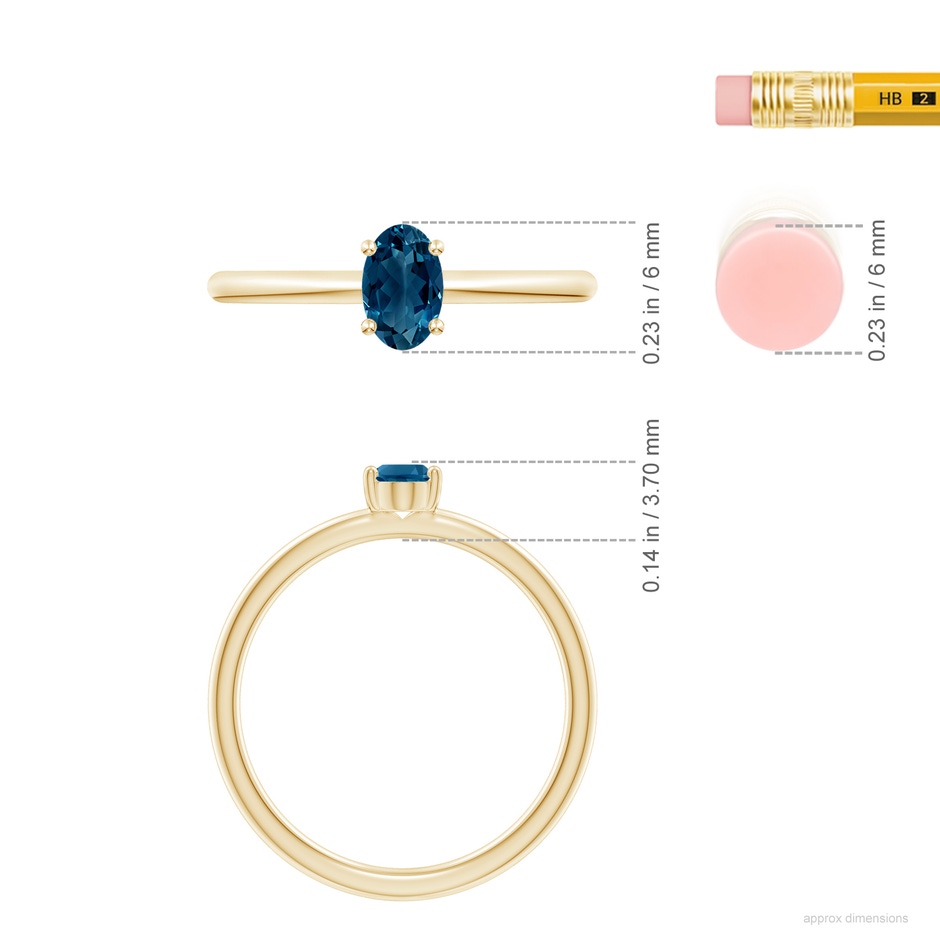 6x4mm AAAA Classic Solitaire Oval London Blue Topaz Promise Ring in Yellow Gold ruler