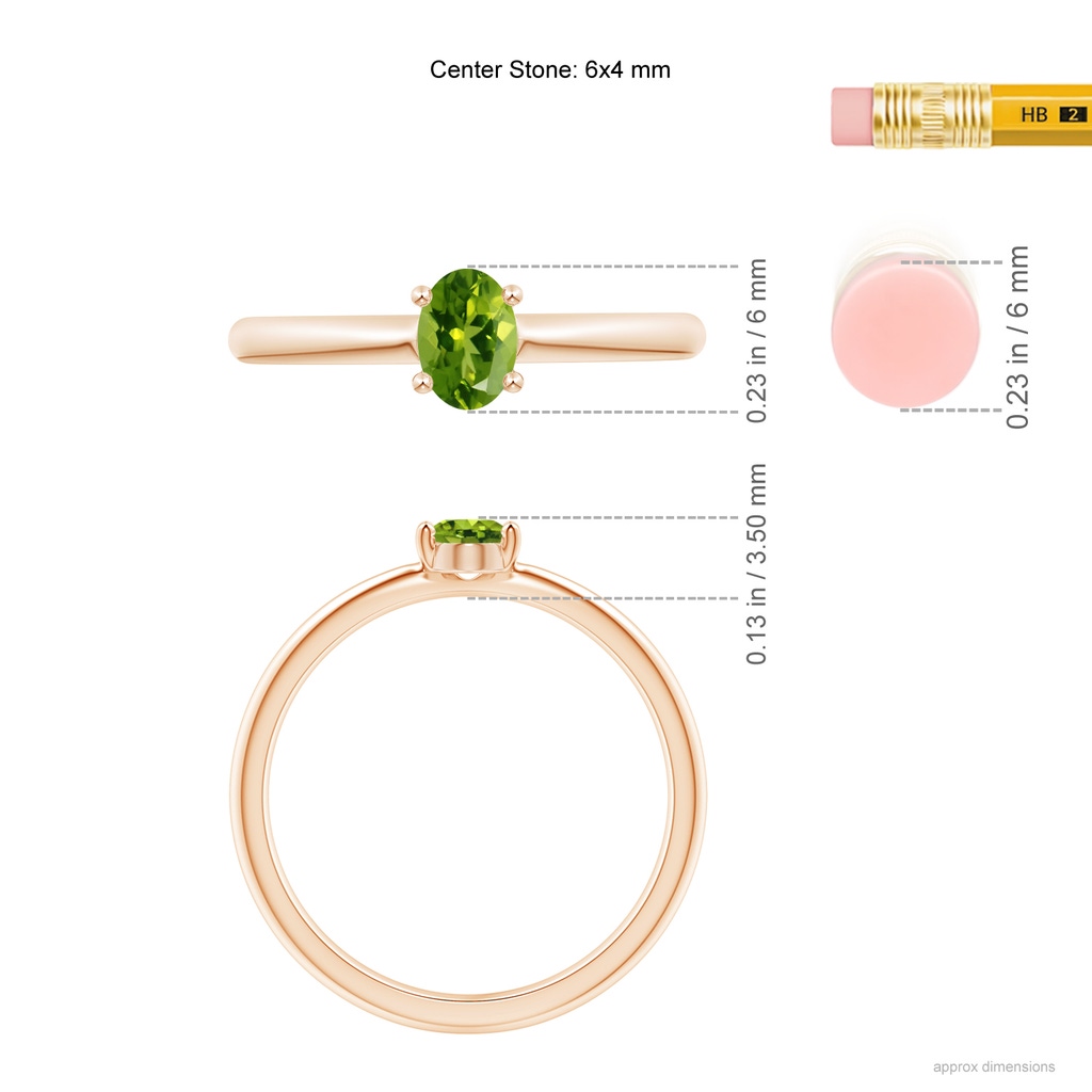 6x4mm AAAA Classic Solitaire Oval Peridot Promise Ring in Rose Gold Ruler