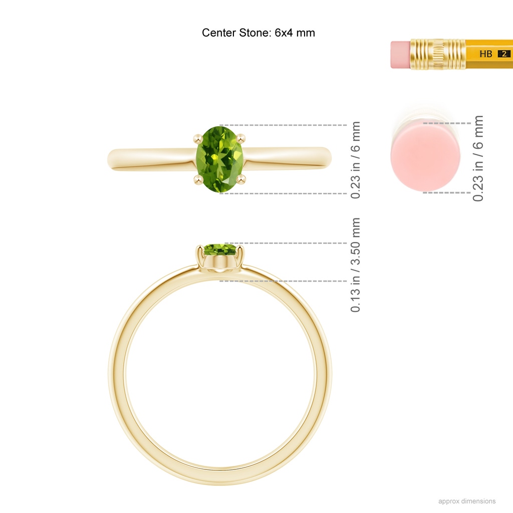 6x4mm AAAA Classic Solitaire Oval Peridot Promise Ring in Yellow Gold Ruler