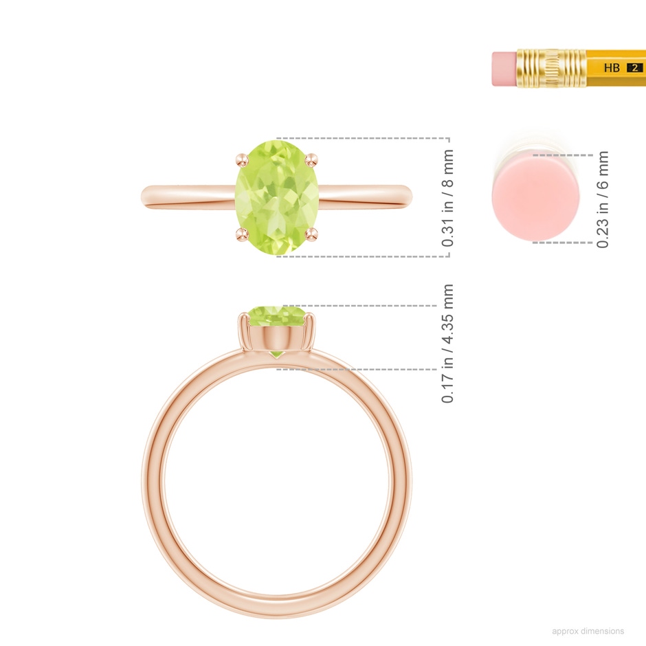 8x6mm A Classic Solitaire Oval Peridot Promise Ring in 18K Rose Gold ruler