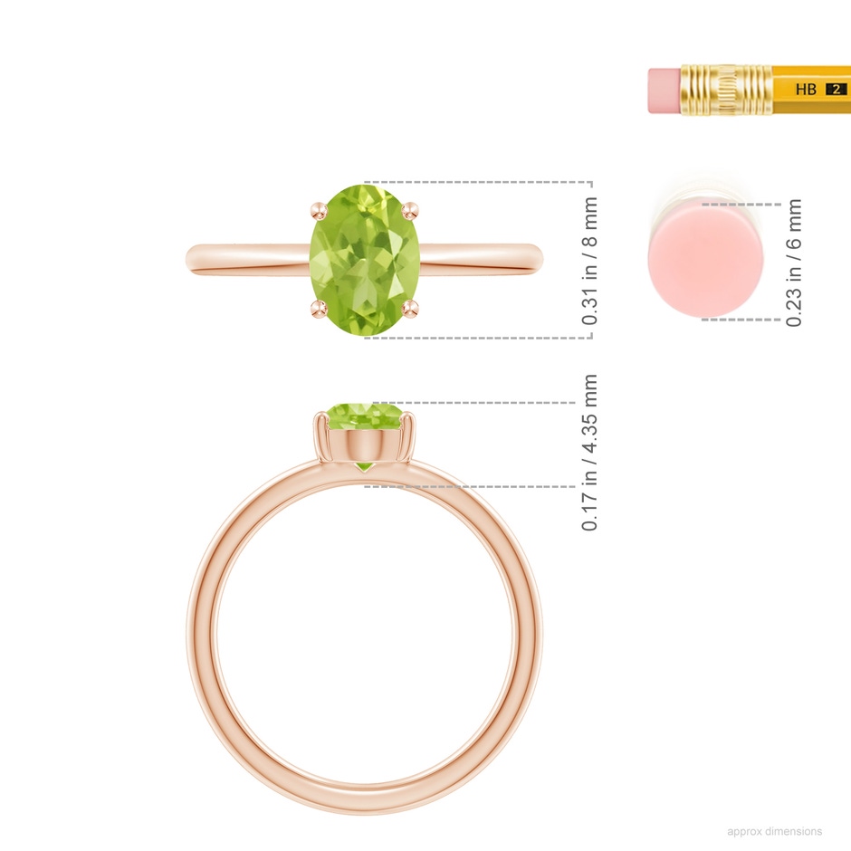 8x6mm AA Classic Solitaire Oval Peridot Promise Ring in 18K Rose Gold ruler