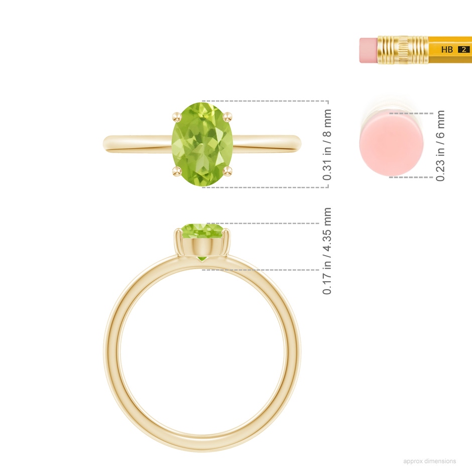 8x6mm AA Classic Solitaire Oval Peridot Promise Ring in 18K Yellow Gold ruler