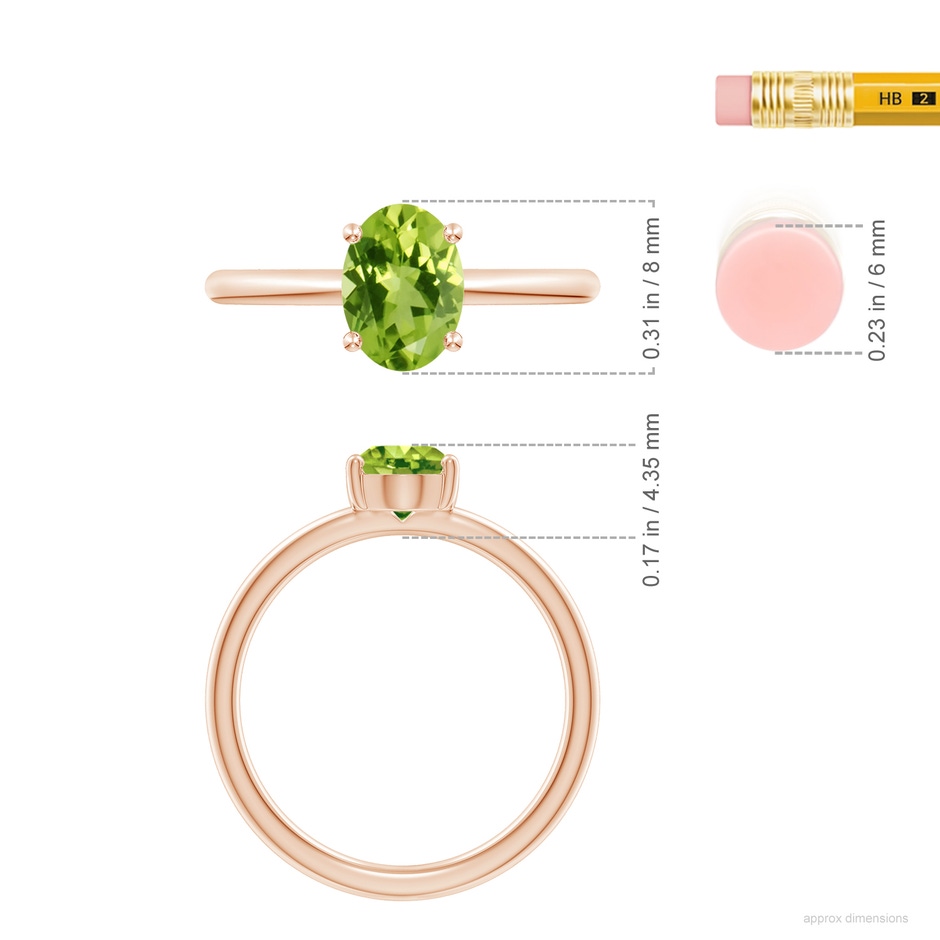 8x6mm AAA Classic Solitaire Oval Peridot Promise Ring in 18K Rose Gold ruler