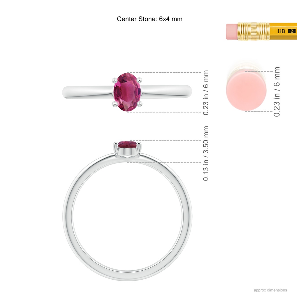 6x4mm AAAA Classic Solitaire Oval Pink Tourmaline Promise Ring in P950 Platinum Ruler