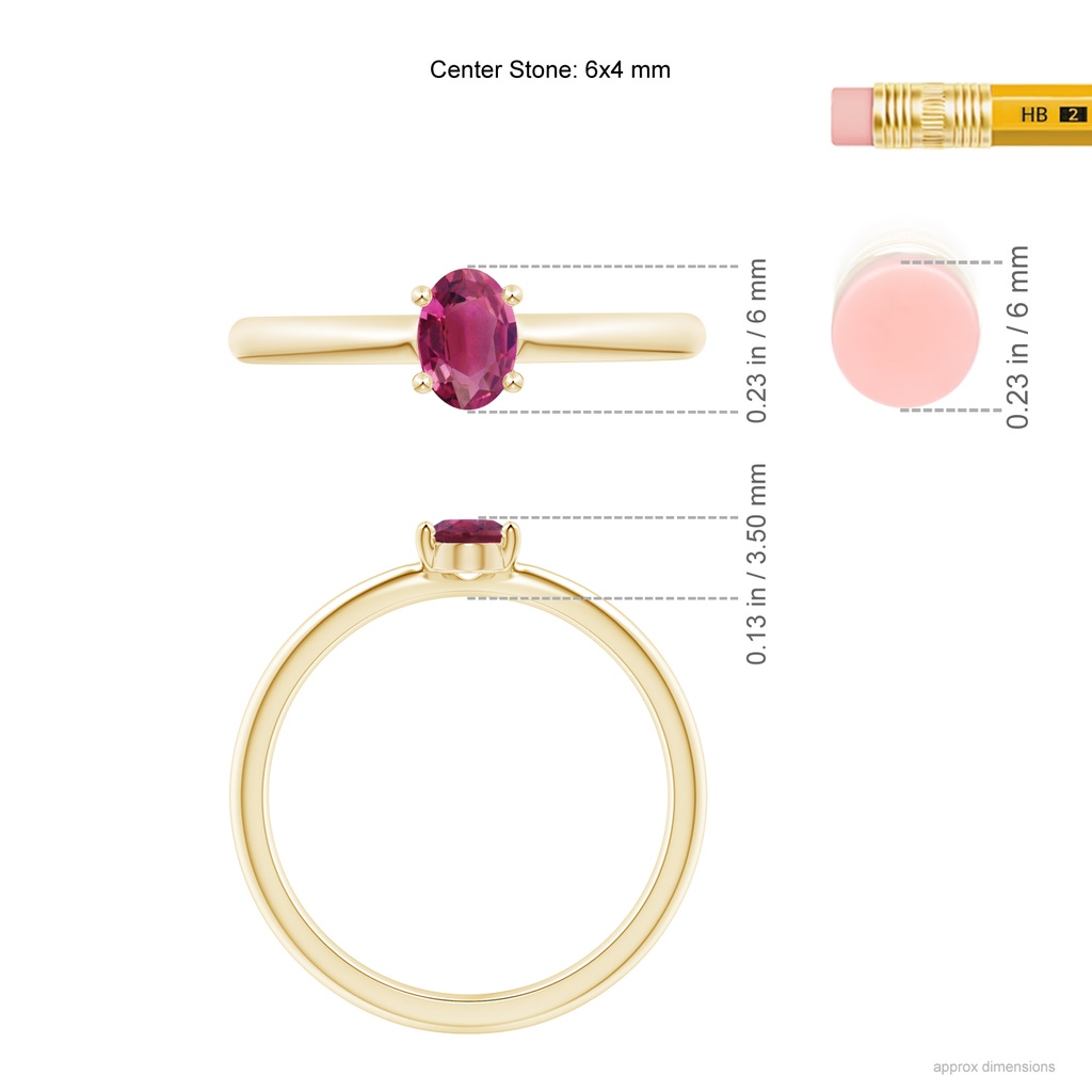 6x4mm AAAA Classic Solitaire Oval Pink Tourmaline Promise Ring in Yellow Gold Ruler