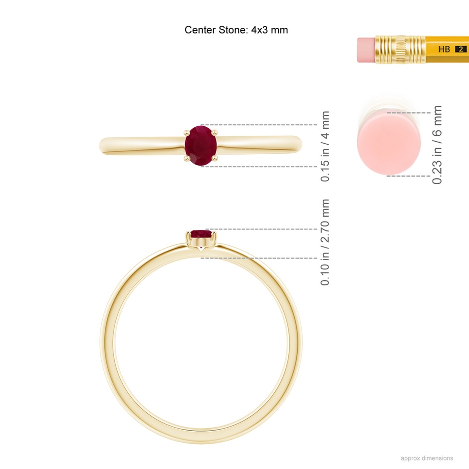 4x3mm A Classic Solitaire Oval Ruby Promise Ring in Yellow Gold ruler