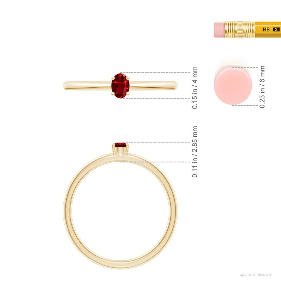 4x3mm AAAA Classic Solitaire Oval Ruby Promise Ring in Yellow Gold ruler