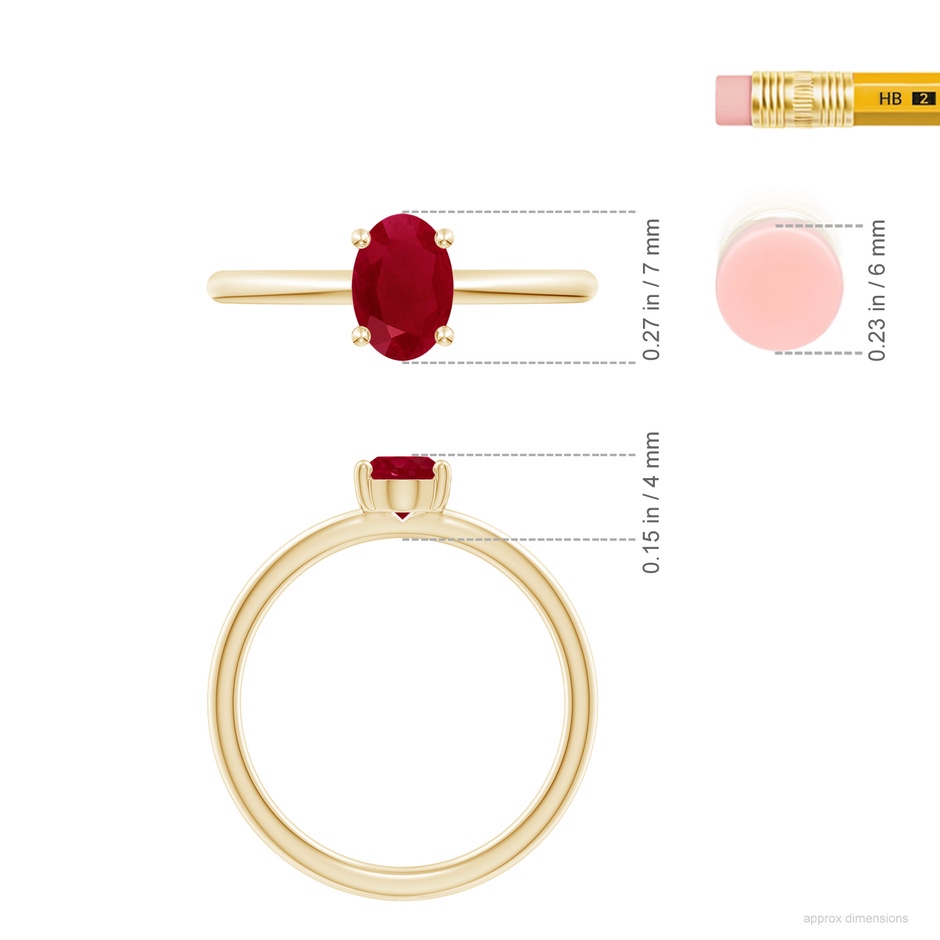 7x5mm AA Classic Solitaire Oval Ruby Promise Ring in Yellow Gold ruler