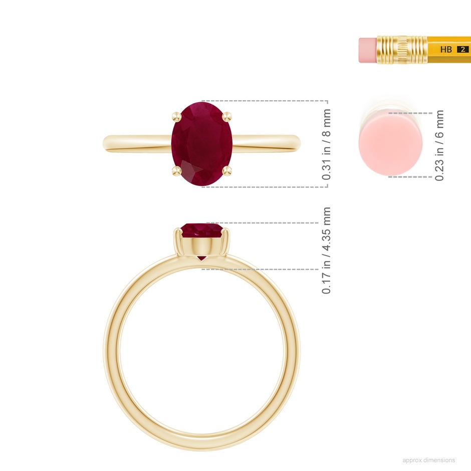 8x6mm A Classic Solitaire Oval Ruby Promise Ring in 18K Yellow Gold ruler