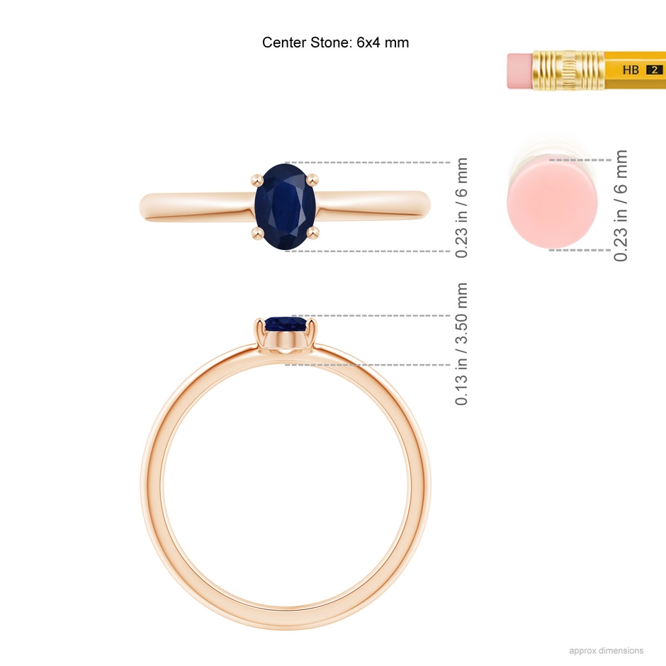 6x4mm A Classic Solitaire Oval Blue Sapphire Promise Ring in Rose Gold ruler