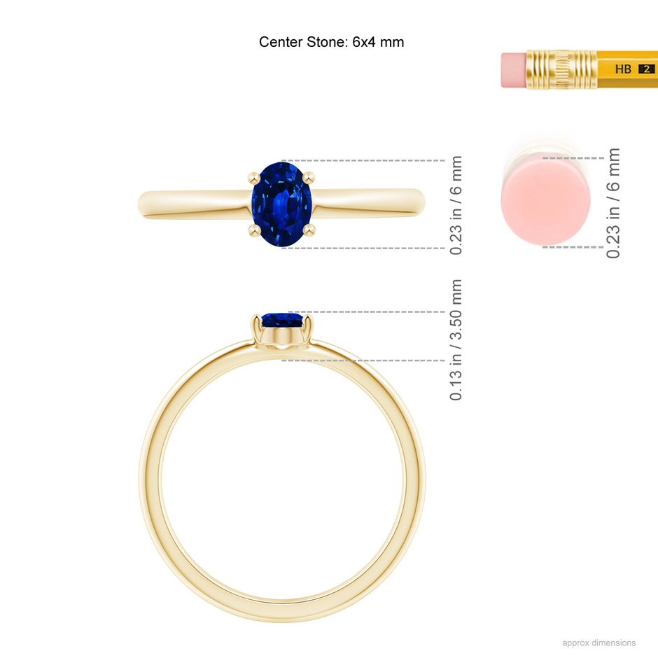 6x4mm AAAA Classic Solitaire Oval Blue Sapphire Promise Ring in Yellow Gold ruler