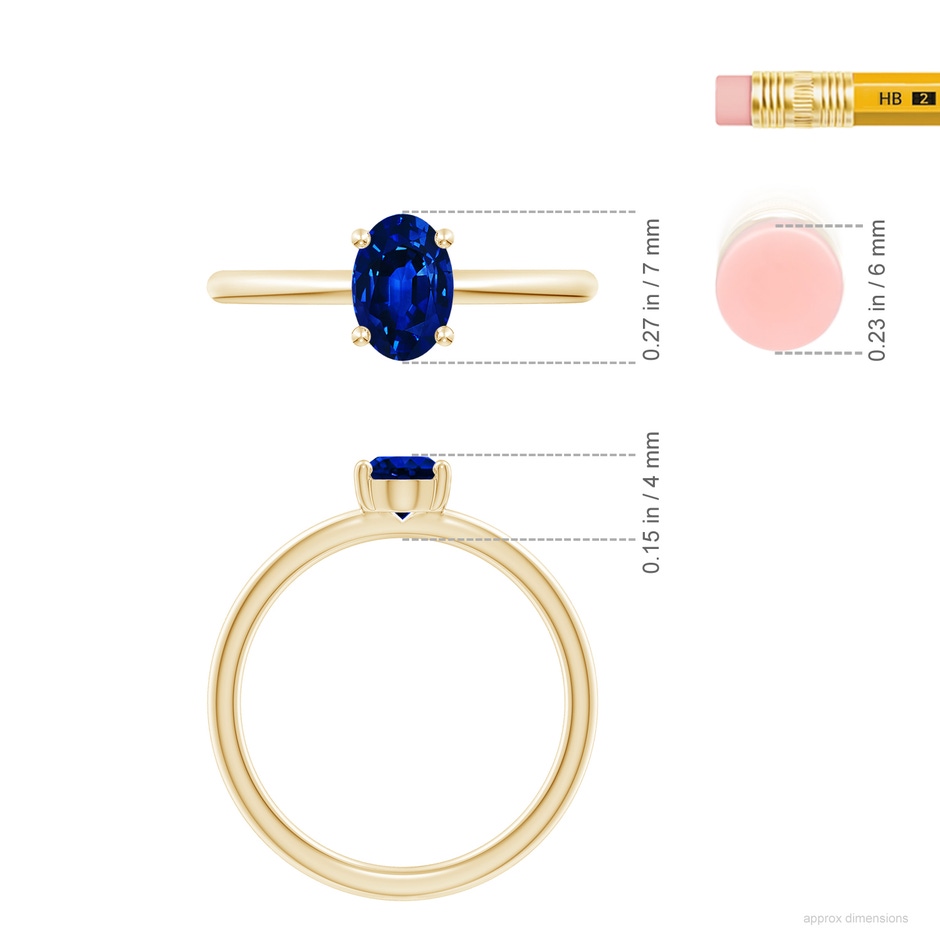 7x5mm AAAA Classic Solitaire Oval Blue Sapphire Promise Ring in Yellow Gold ruler