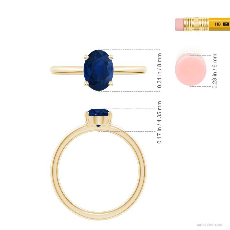 8x6mm AA Classic Solitaire Oval Blue Sapphire Promise Ring in Yellow Gold ruler
