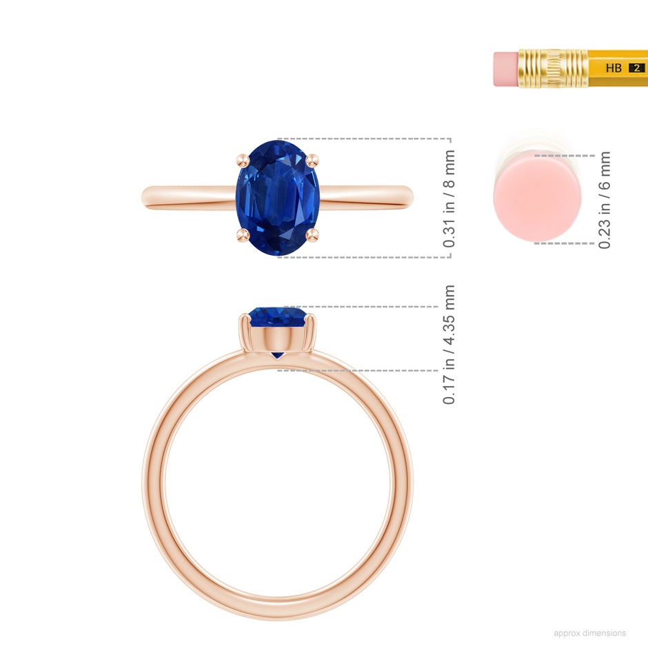 8x6mm AAA Classic Solitaire Oval Blue Sapphire Promise Ring in 18K Rose Gold ruler