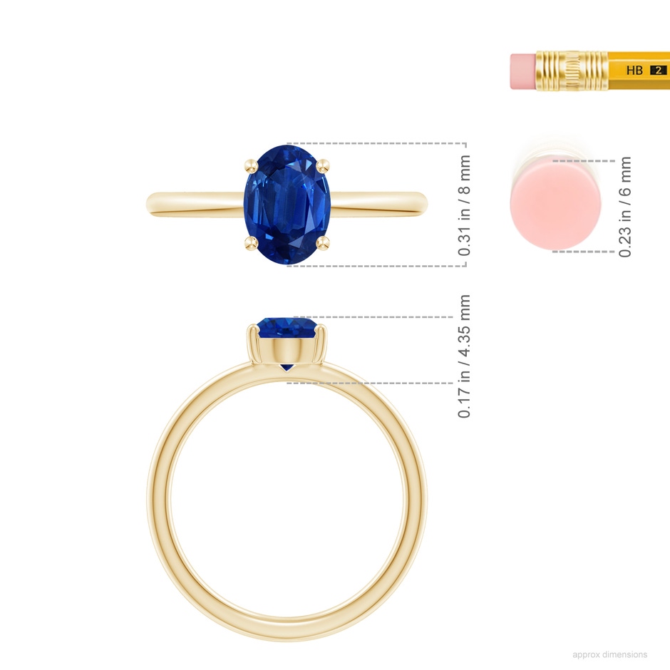 8x6mm AAA Classic Solitaire Oval Blue Sapphire Promise Ring in Yellow Gold ruler