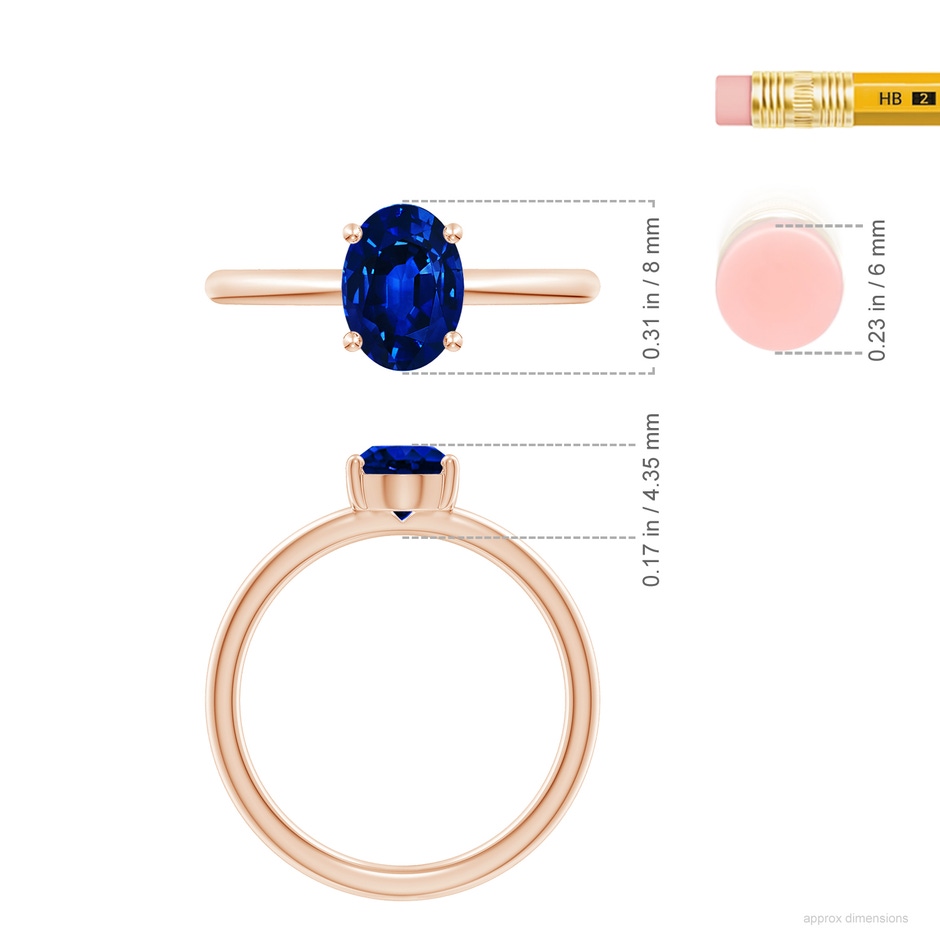 8x6mm AAAA Classic Solitaire Oval Blue Sapphire Promise Ring in Rose Gold ruler