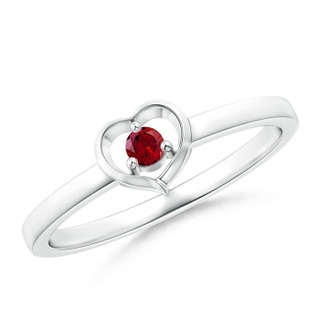 2.5mm AAAA Floating Round Garnet Open Heart Promise Ring in 9K White Gold