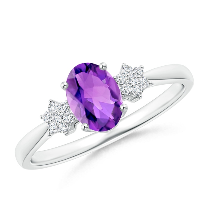 7x5mm AAA Oval Amethyst Solitaire Ring with Diamond Clustres in White Gold 