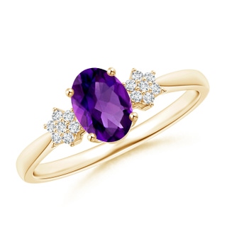 7x5mm AAAA Oval Amethyst Solitaire Ring with Diamond Clustres in 9K Yellow Gold