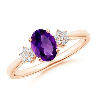 7x5mm AAAA Oval Amethyst Solitaire Ring with Diamond Clustres in Rose Gold
