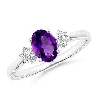 7x5mm AAAA Oval Amethyst Solitaire Ring with Diamond Clustres in White Gold