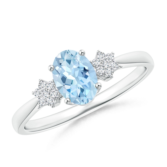 7x5mm AAA Oval Aquamarine Solitaire Ring with Diamond Clustres in White Gold