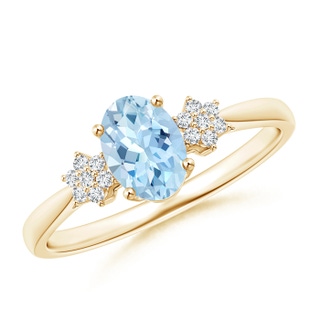 7x5mm AAA Oval Aquamarine Solitaire Ring with Diamond Clustres in Yellow Gold