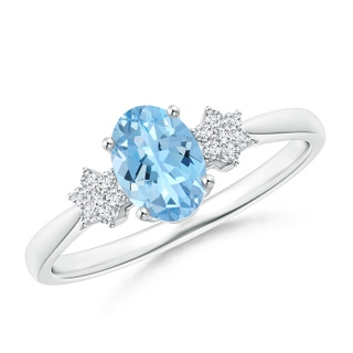 7x5mm AAAA Oval Aquamarine Solitaire Ring with Diamond Clustres in White Gold