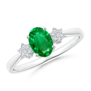 7x5mm AAA Oval Emerald Solitaire Ring with Diamond Clustres in White Gold