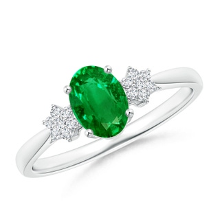 7x5mm AAAA Oval Emerald Solitaire Ring with Diamond Clustres in White Gold