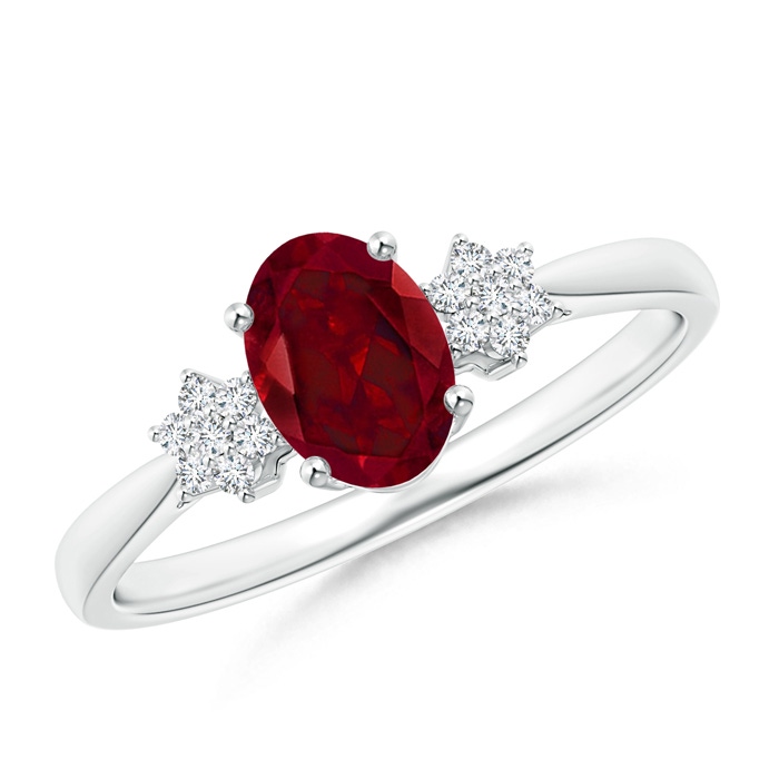 7x5mm AAA Oval Garnet Solitaire Ring with Diamond Clustres in White Gold