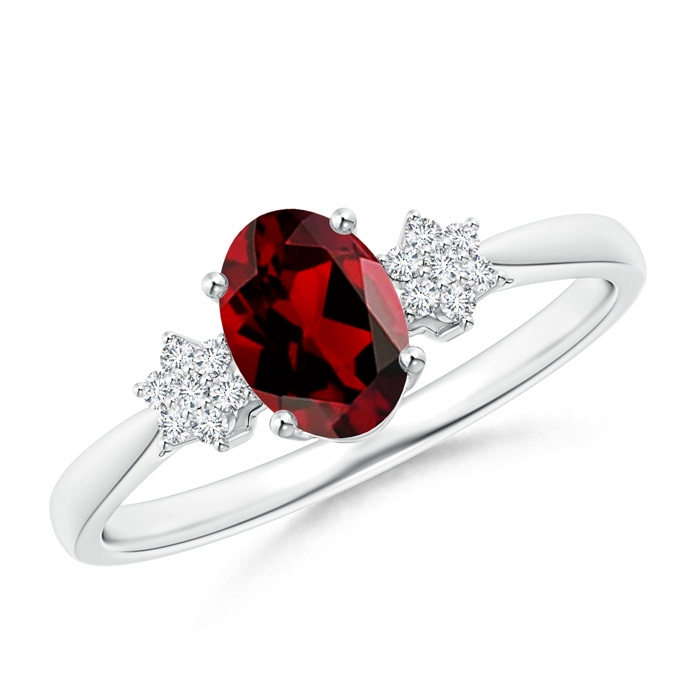 7x5mm AAAA Oval Garnet Solitaire Ring with Diamond Clustres in S999 Silver