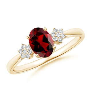 7x5mm AAAA Oval Garnet Solitaire Ring with Diamond Clustres in Yellow Gold