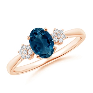 7x5mm AAAA Oval London Blue Topaz Solitaire Ring with Diamond Clustres in Rose Gold