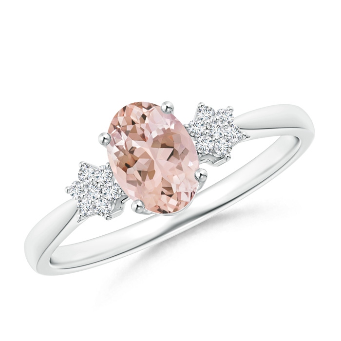 7x5mm AAAA Oval Morganite Solitaire Ring with Diamond Clustres in S999 Silver