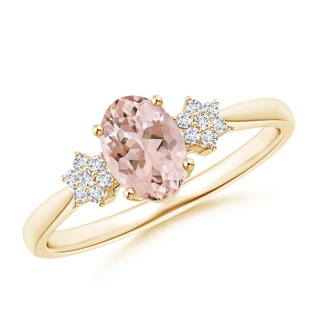 7x5mm AAAA Oval Morganite Solitaire Ring with Diamond Clustres in Yellow Gold