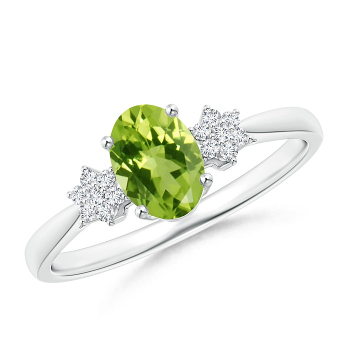 7x5mm AAA Oval Peridot Solitaire Ring with Diamond Clustres in White Gold