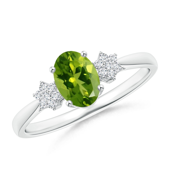 7x5mm AAAA Oval Peridot Solitaire Ring with Diamond Clustres in S999 Silver