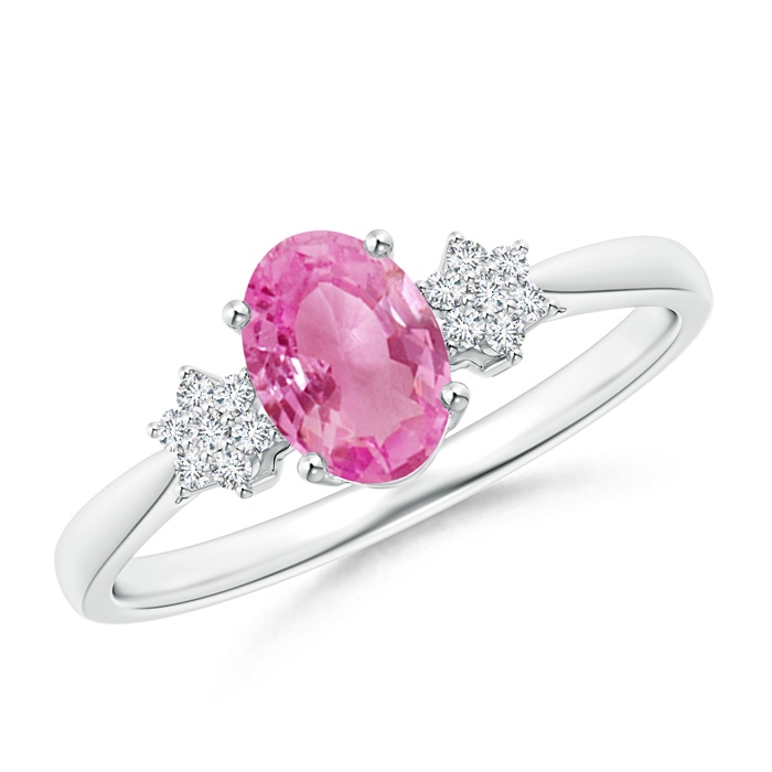 7x5mm AA Oval Pink Sapphire Solitaire Ring with Diamond Clustres in White Gold 