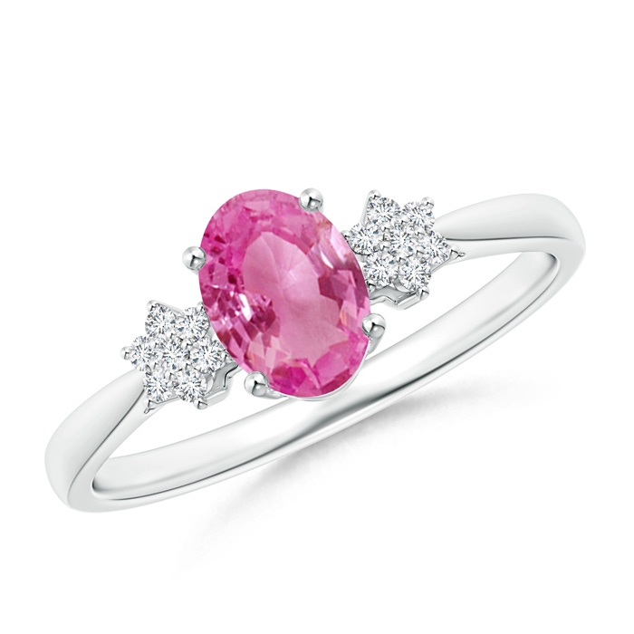 7x5mm AAA Oval Pink Sapphire Solitaire Ring with Diamond Clustres in White Gold 