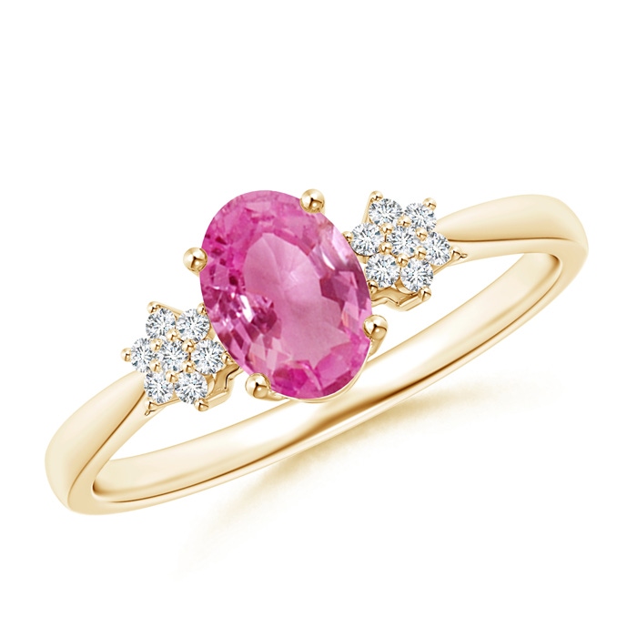 7x5mm AAA Oval Pink Sapphire Solitaire Ring with Diamond Clusters in Yellow Gold 